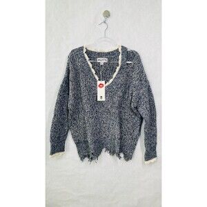 Wildfox Sweater Women M Black White Oversized Distressed V-neck